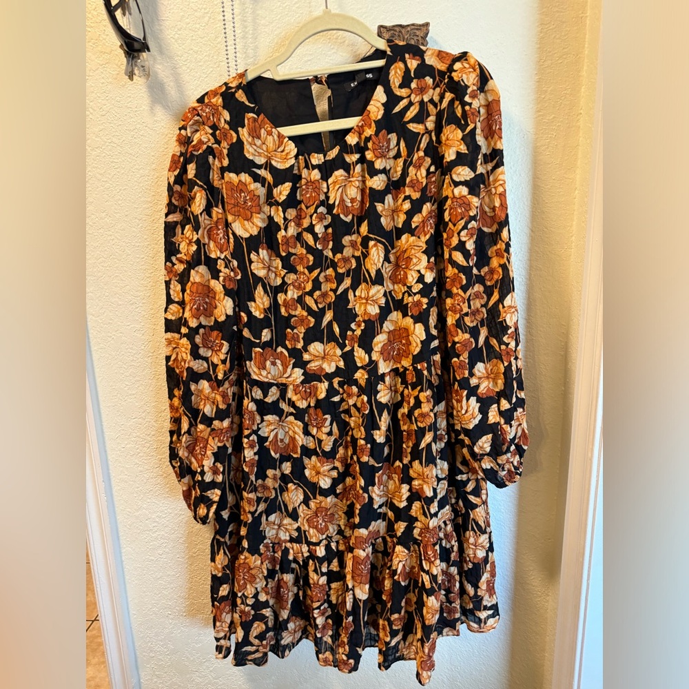 Express Black Midi Dress with Brown Floral Print